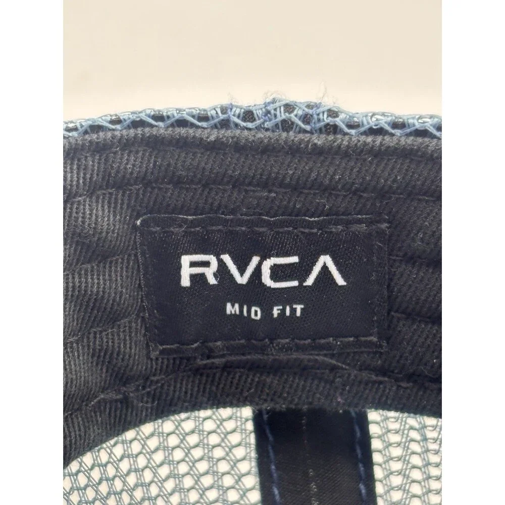 RVCA Trucker Hat Mid Fit Blue Snapback Mesh Rubber Logo Beach Surf Cap OSFM
